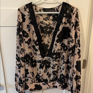 Nicole Miller Cream and Black Floral Blouse